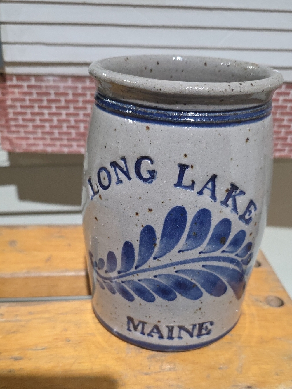 Long Lake Maine Stoneware Crock with Blue Leaf Design